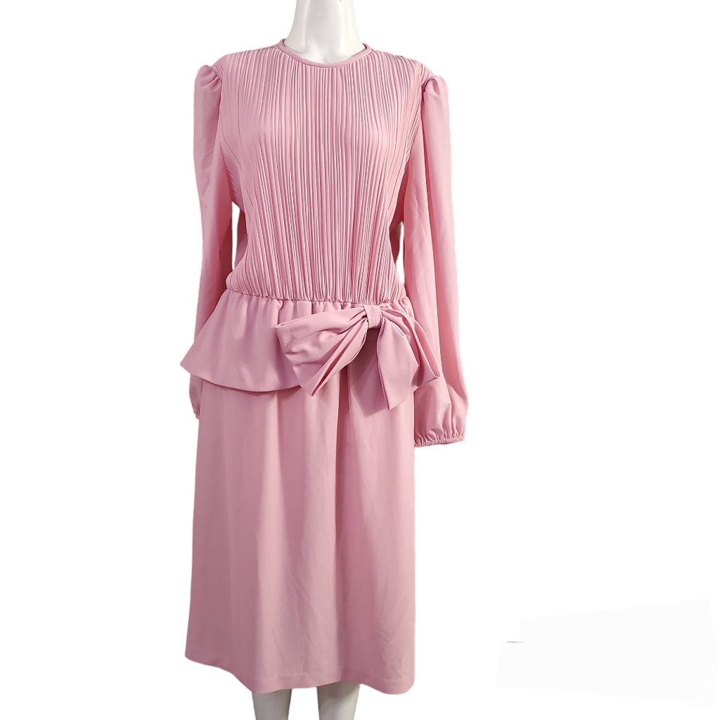 Vintage Boston Maid Ash Rose Peplum Bow Front Pleated Midi Dress